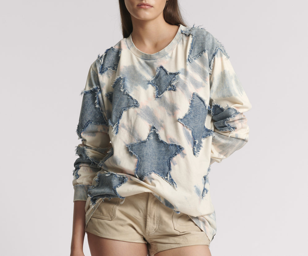 Denim Star Tie Dye Boyfriend Longsleeve Tee - Cream