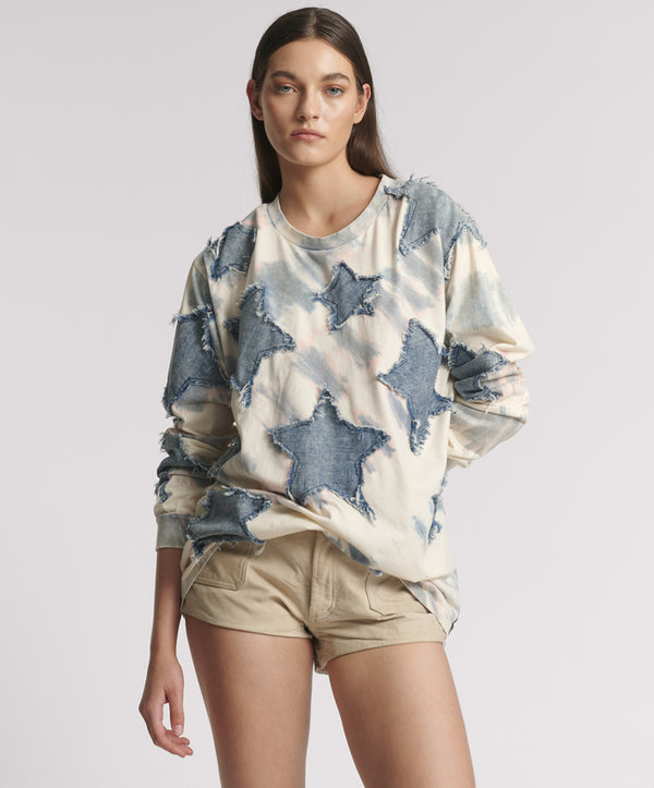 Denim Star Tie Dye Boyfriend Longsleeve Tee - Cream