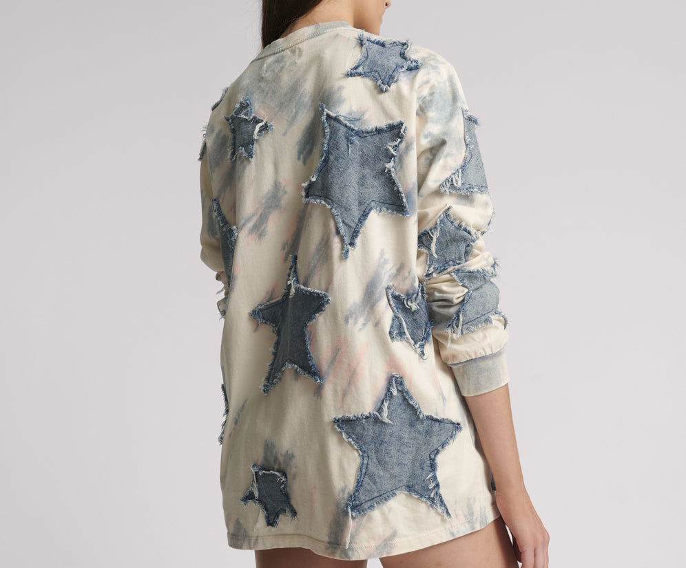 Denim Star Tie Dye Boyfriend Longsleeve Tee - Cream