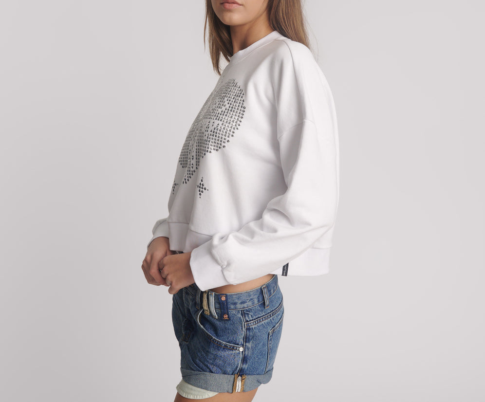 Studded Heart Cropped Sweater - White