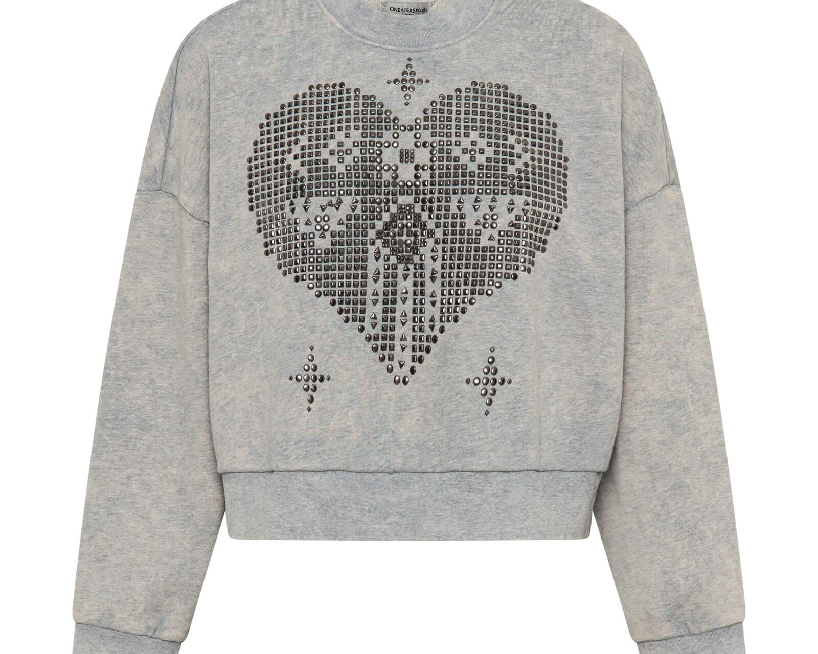 Studded Heart Grey Cropped Sweater - Grey Marl