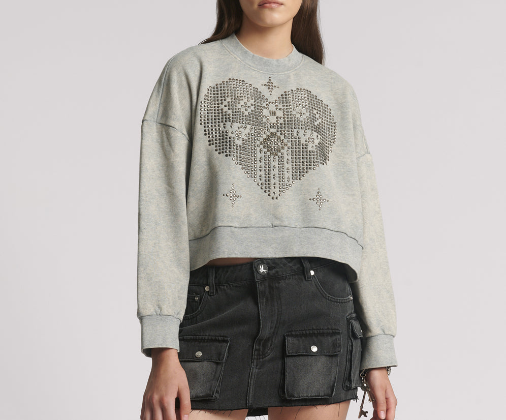 Studded Heart Grey Cropped Sweater - Grey Marl