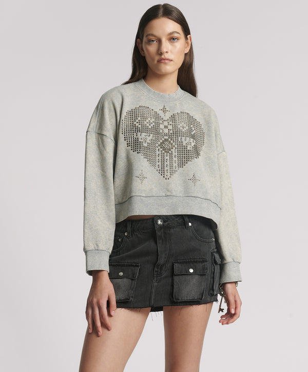 Studded Heart Grey Cropped Sweater - Grey Marl