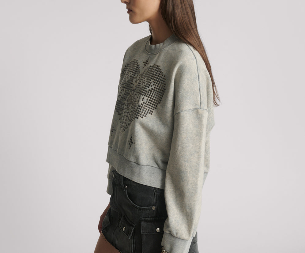 Studded Heart Grey Cropped Sweater - Grey Marl