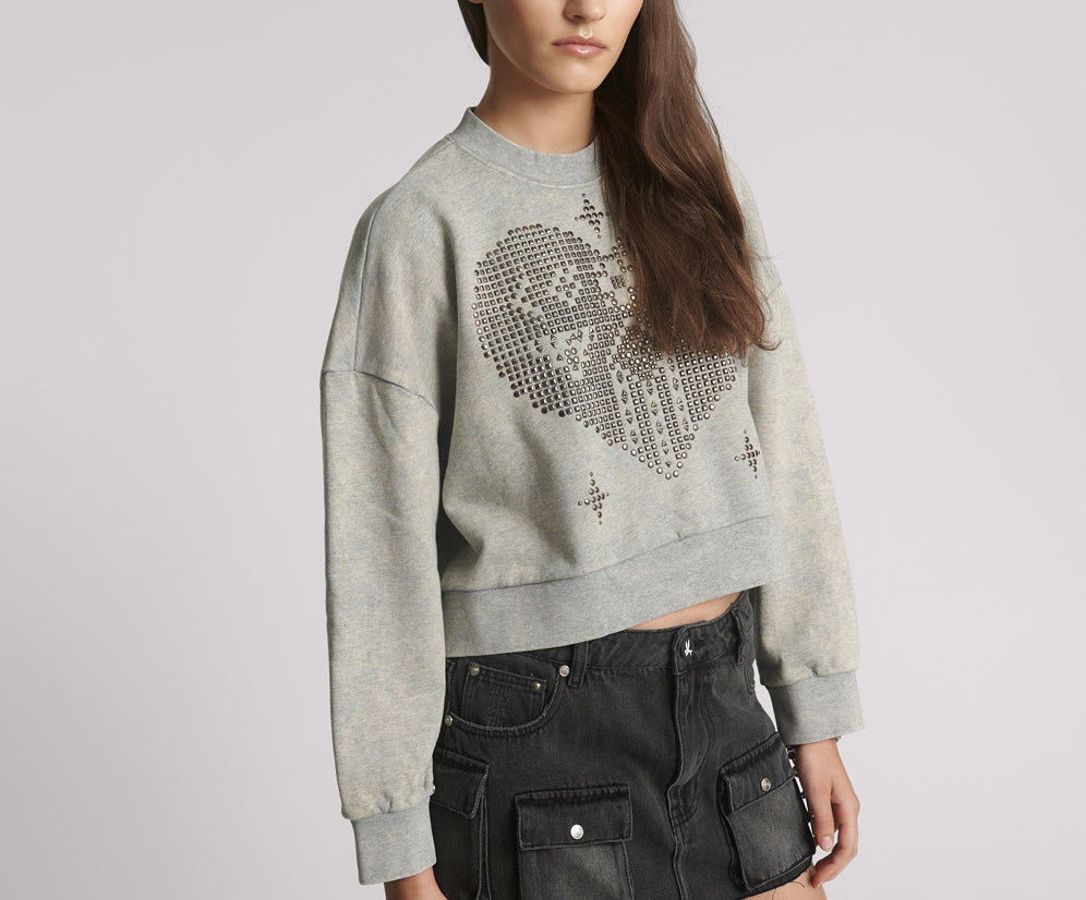 Studded Heart Grey Cropped Sweater - Grey Marl