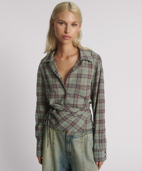 Get Checked Wrap Shirt - Sage