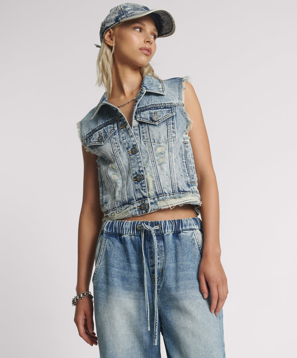 Cropped denim vest best sale