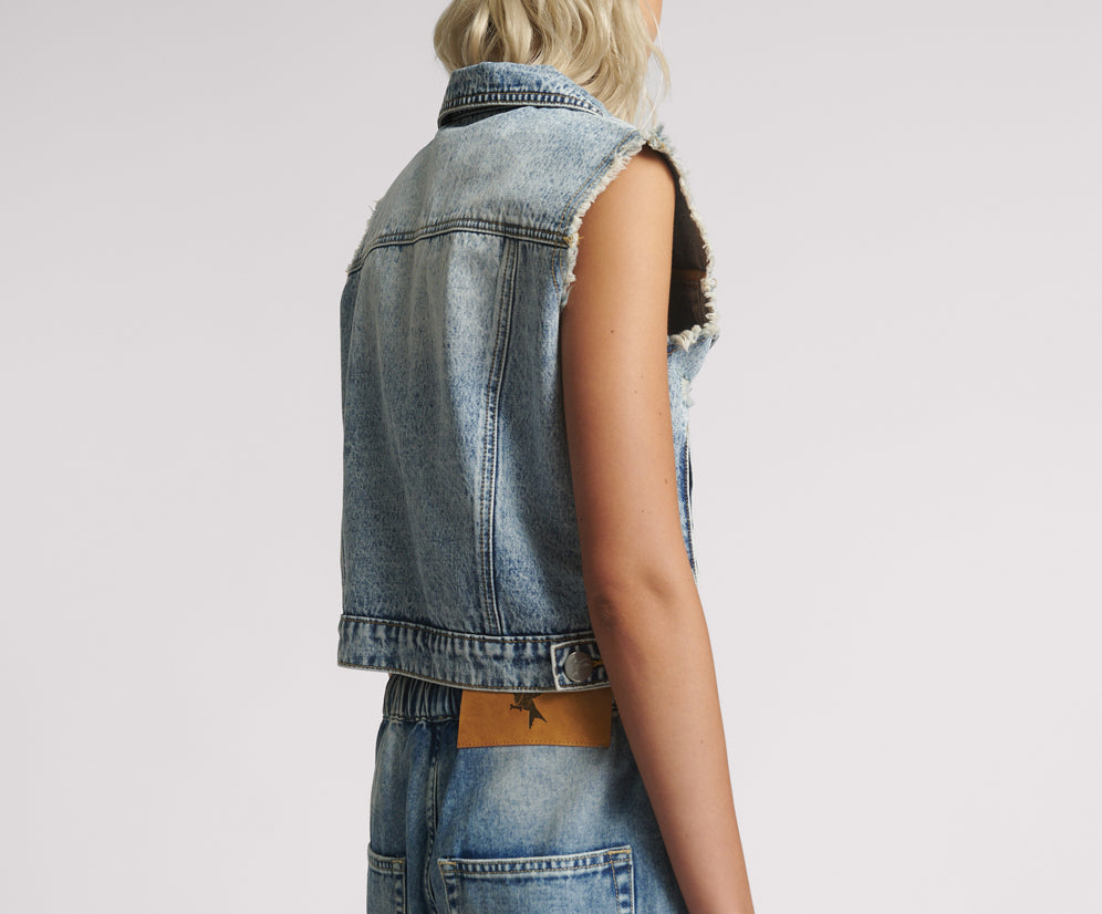 Cropped Denim Trucker Denim Vest - Acid Blue