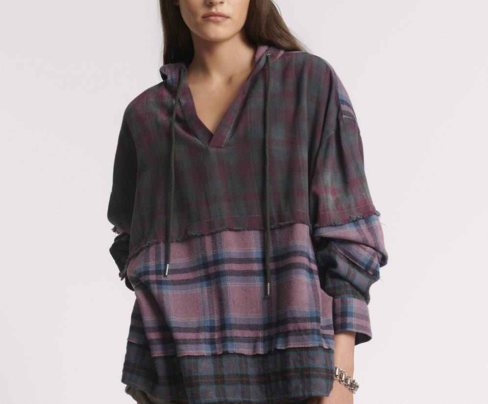 Mixed Flannel Hooded Shirt - Dark Purple