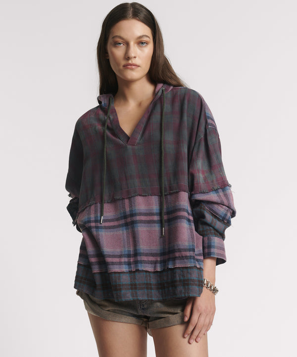 Mixed Flannel Hooded Shirt - Dark Purple