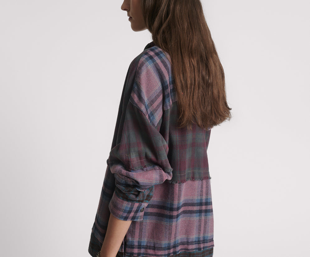 Mixed Flannel Hooded Shirt - Dark Purple