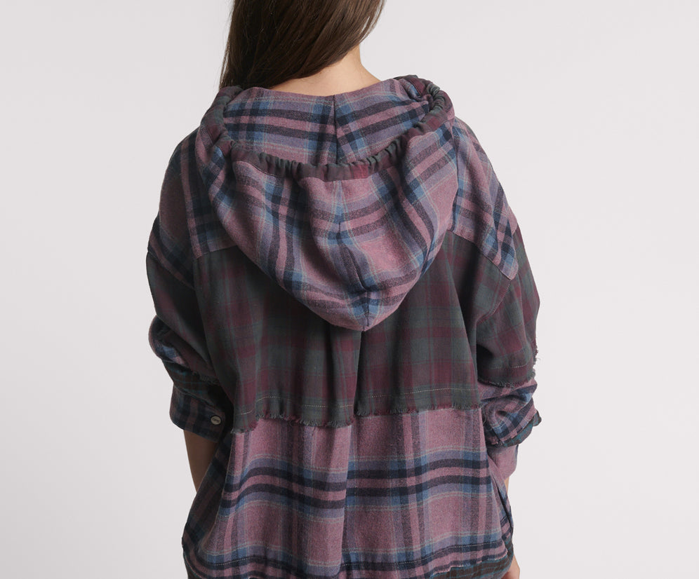 Mixed Flannel Hooded Shirt - Dark Purple