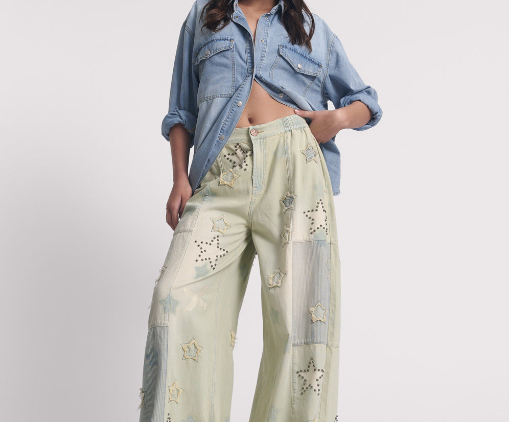 Palazzo Mid Waist Denim Jeans - SUNDAE