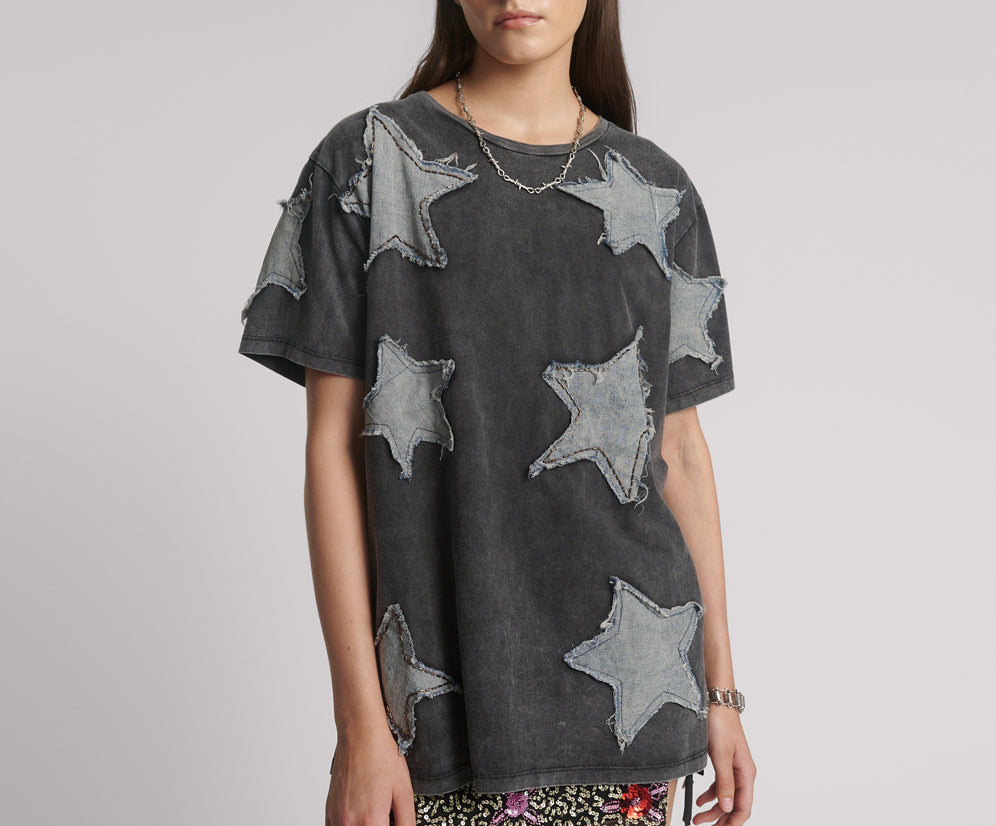 Denim Star Hand Embellished Boyfriend Tee - Charcoal