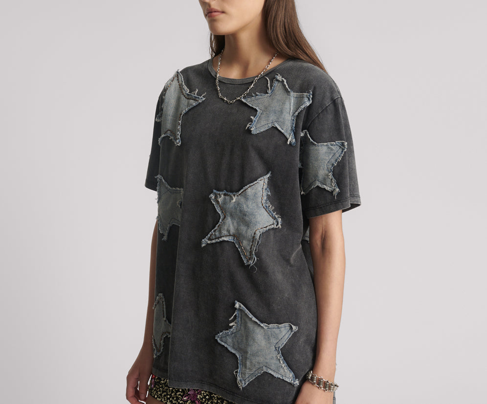 Denim Star Hand Embellished Boyfriend Tee - Charcoal