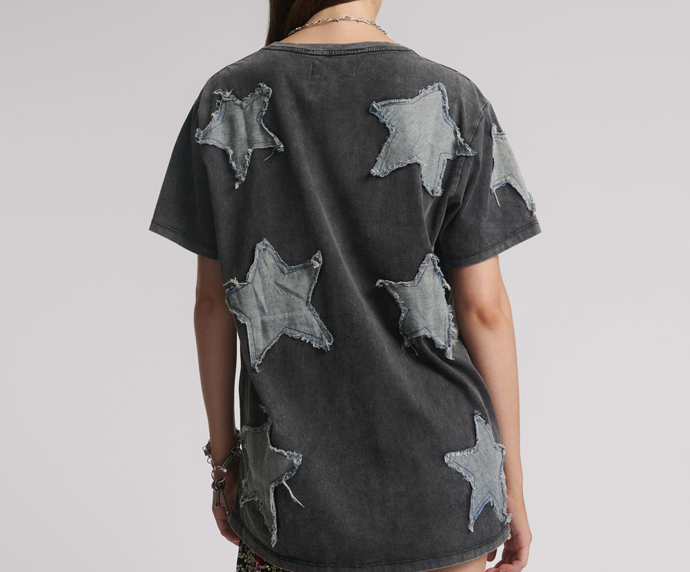 Denim Star Hand Embellished Boyfriend Tee - Charcoal