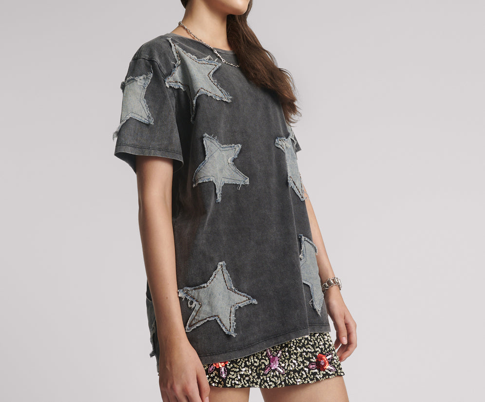 Denim Star Hand Embellished Boyfriend Tee - Charcoal