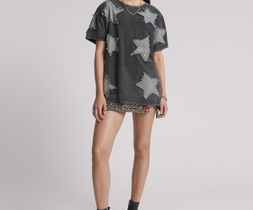 Denim Star Hand Embellished Boyfriend Tee - Charcoal