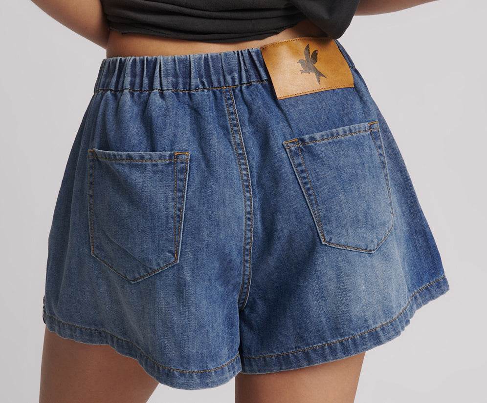 Funks High Waist Elasticated Flippy Denim Short - Blue Love