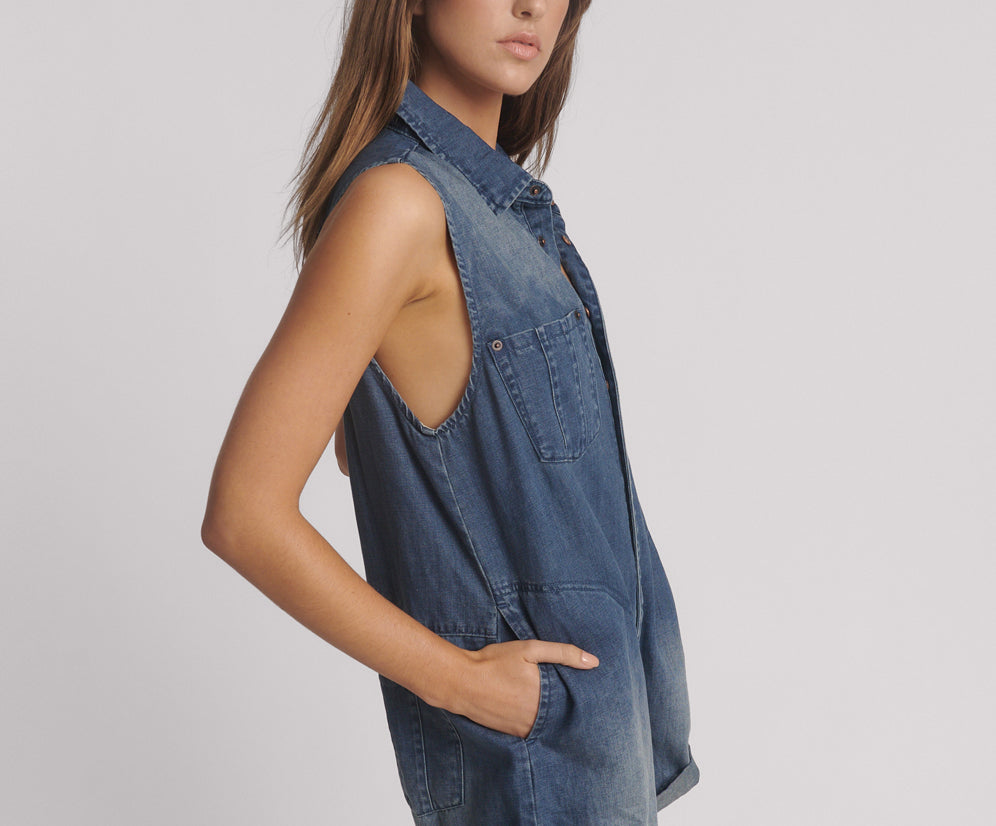 Braxton Mini Hemp Heart Cutout Denim Jumpsuit - Faded Blue