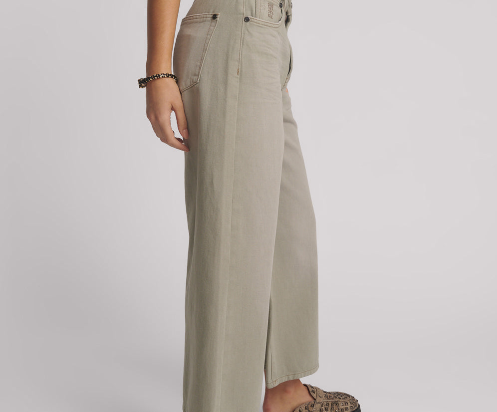 Love Machines Mid Waist Super Wide Leg Cropped Denim Jeans - Faded Khaki