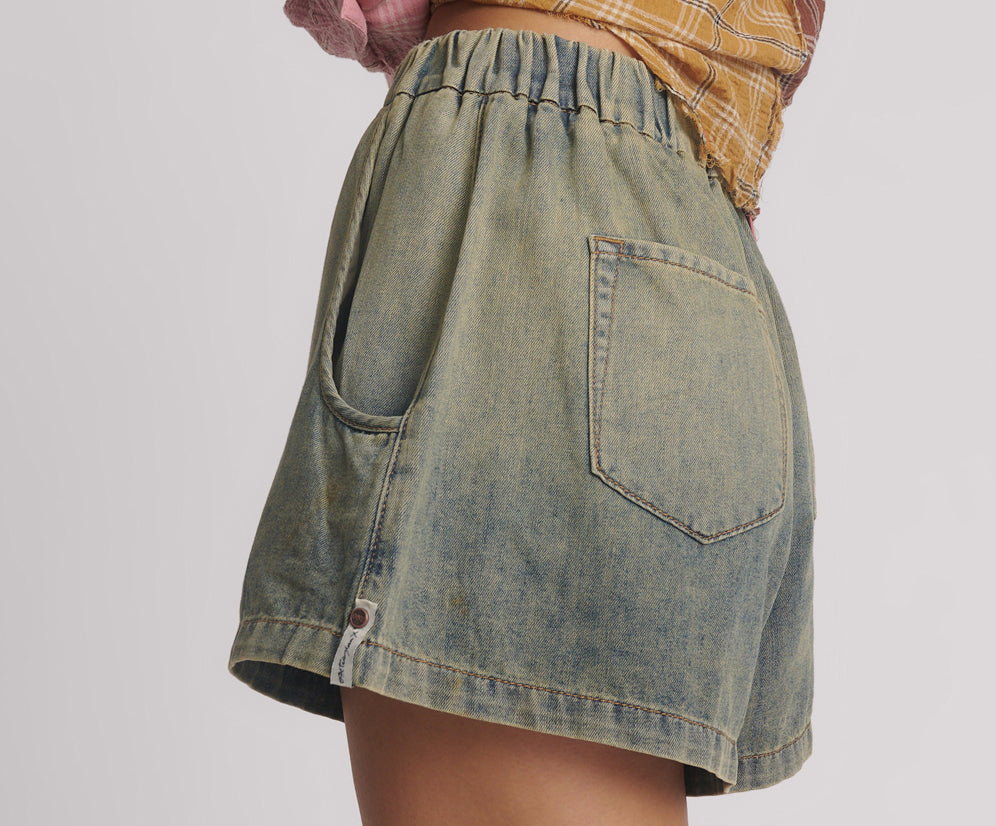 Funks High Waist Elasticated Flippy Denim Short - Blue Sand