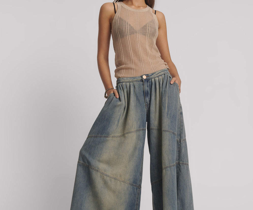 Daddios Low Waist Super Wide Leg Denim Jeans - Blue Sand