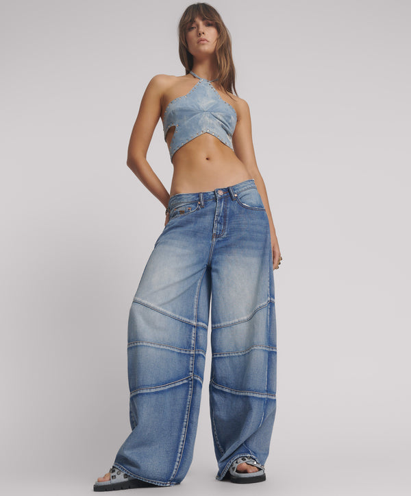 Barrel Mid Waist Wide Leg Denim Jeans - Blue Summer