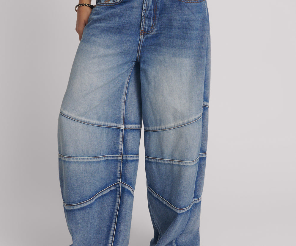 Barrel Mid Waist Wide Leg Denim Jeans - Blue Summer