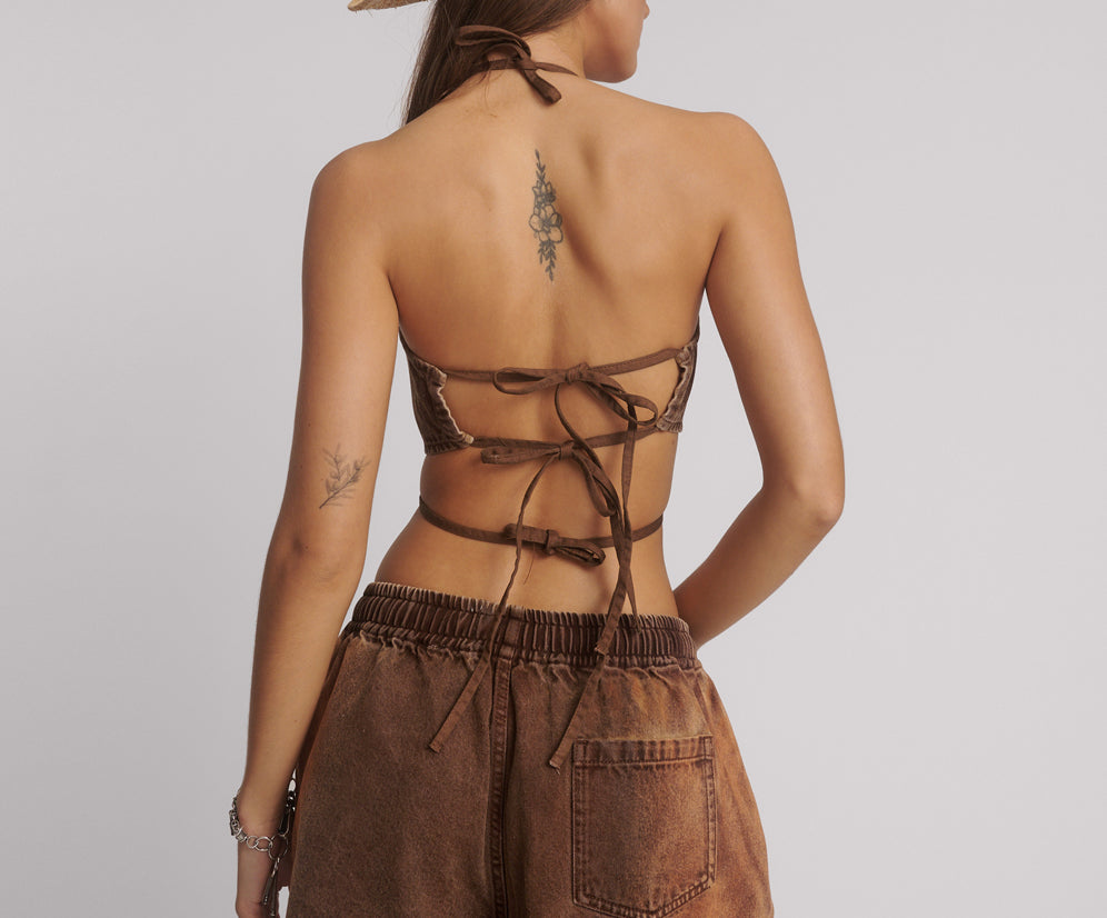 Denim Cowgirl Backless Crop Top - Ranch Brown