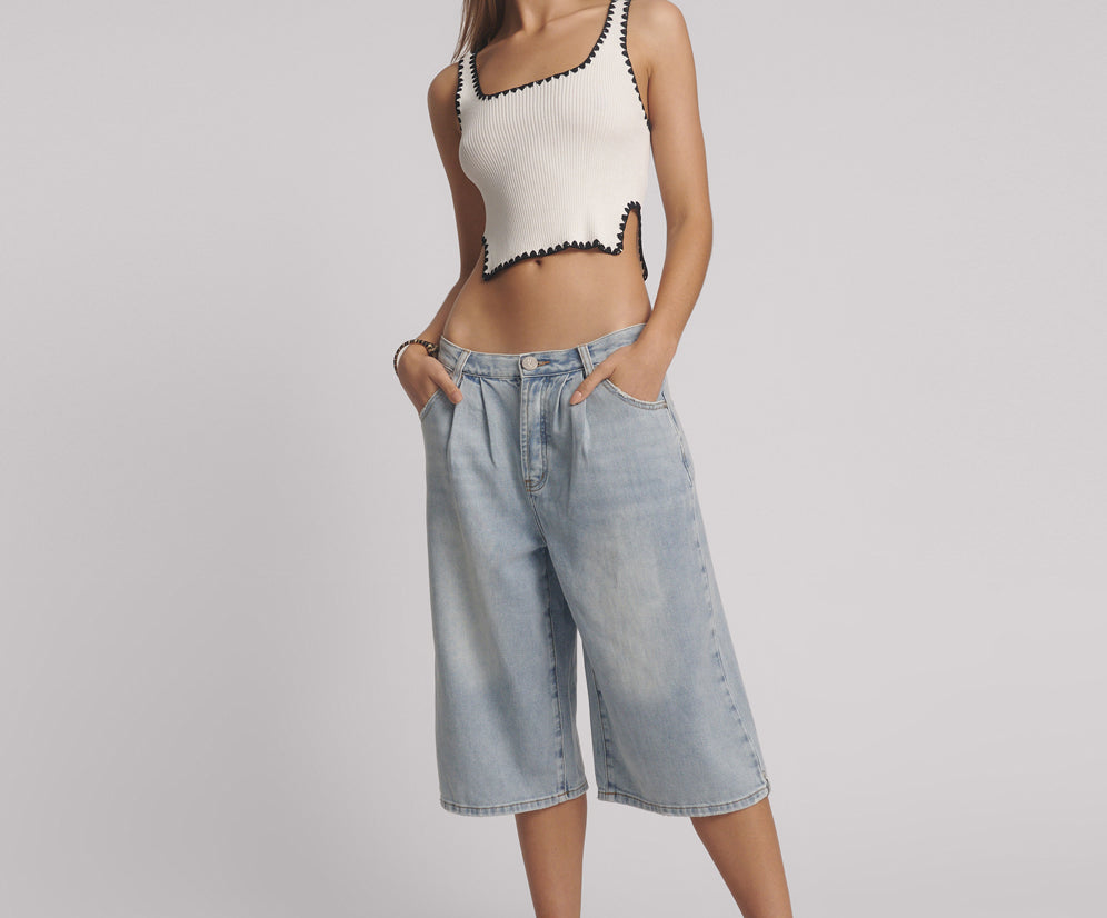 Beastie Low Waist Wide Leg Denim Shorts - Soft Blue