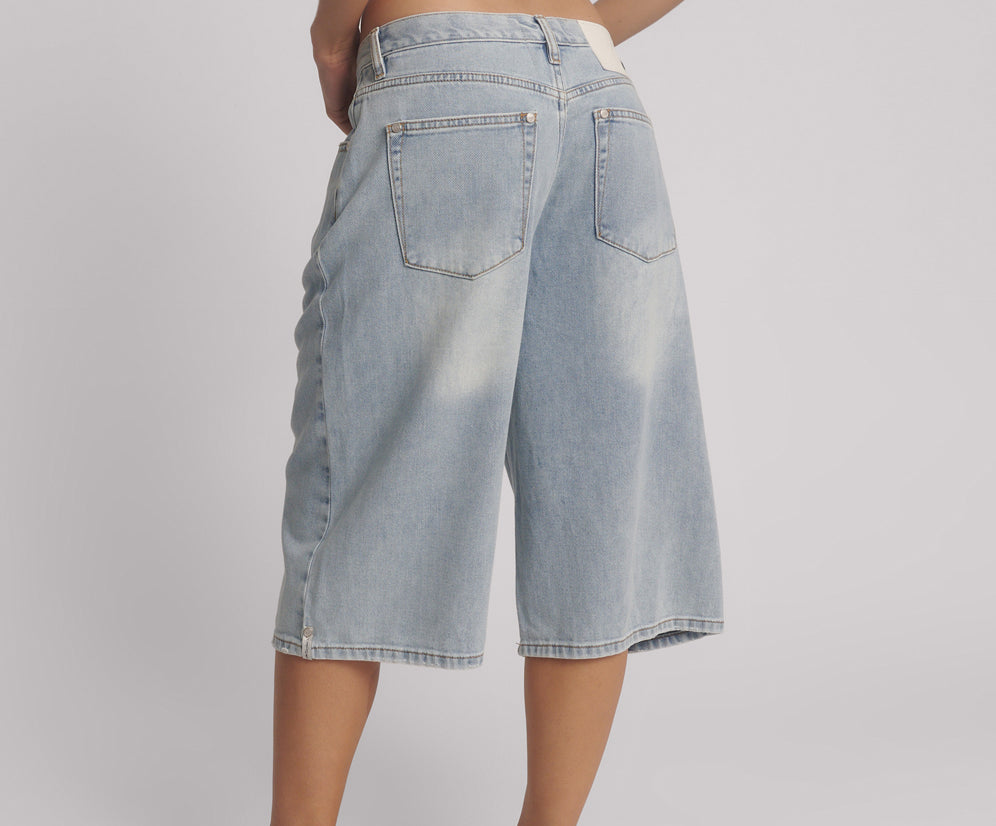 Beastie Low Waist Wide Leg Denim Shorts - Soft Blue