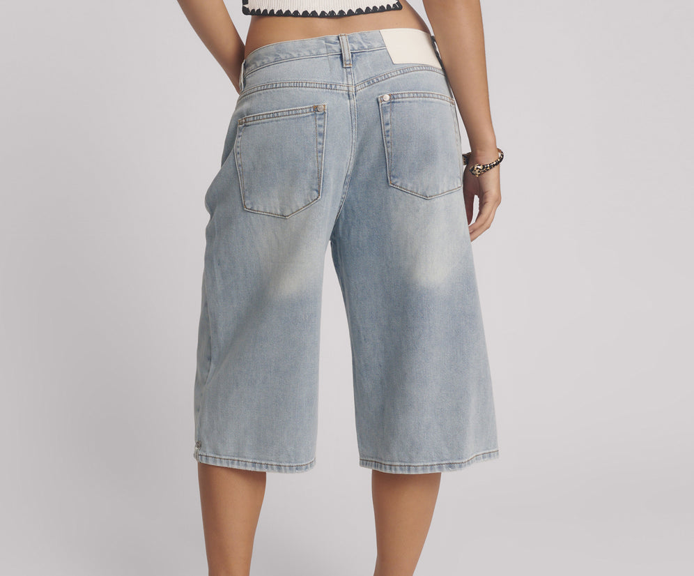 Beastie Low Waist Wide Leg Denim Shorts - Soft Blue