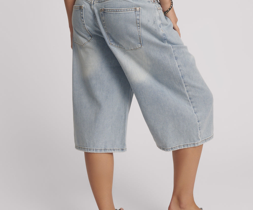 Beastie Low Waist Wide Leg Denim Shorts - Soft Blue