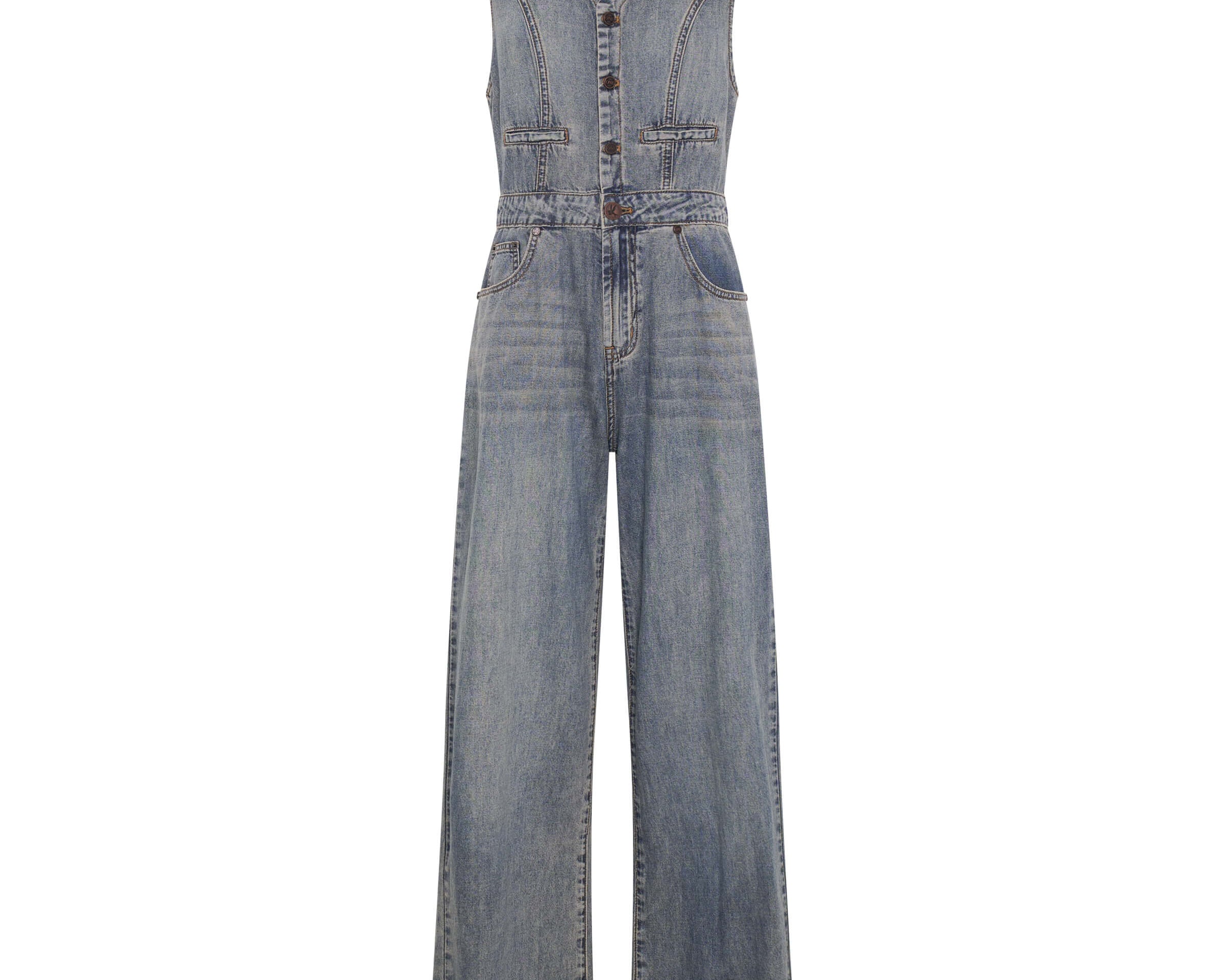 Love Machine Sleeveless Wide Leg Fitted Denim Jumpsuit - Dirty Blue Love