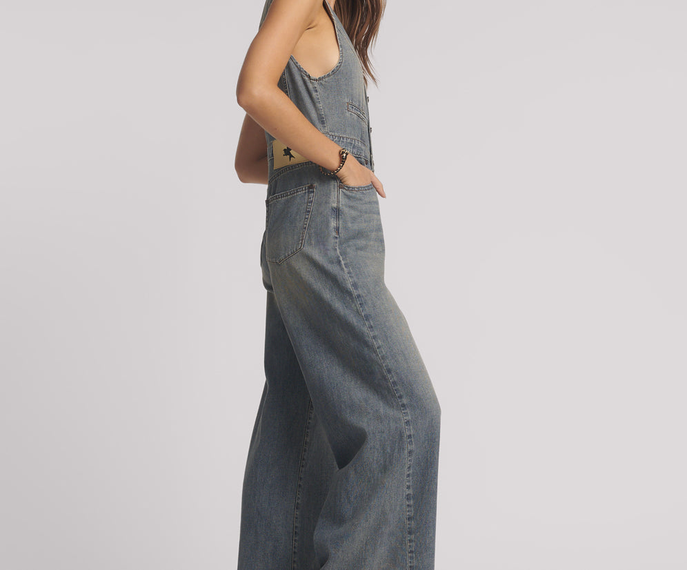 Love Machine Sleeveless Wide Leg Fitted Denim Jumpsuit - Dirty Blue Love