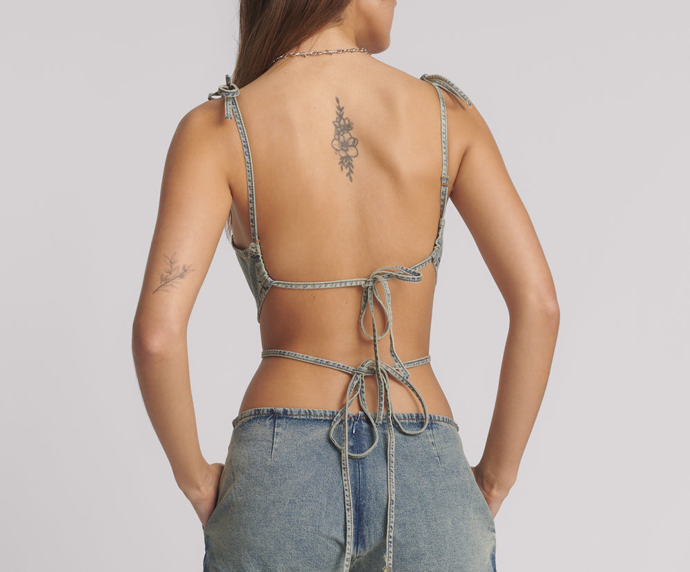 90's Backless Mini Denim Jumpsuit - Sunkissed Blue