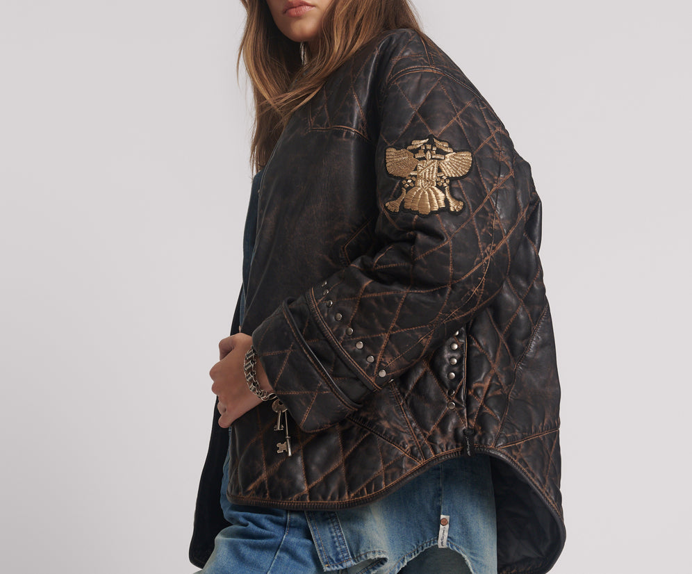 Quilted Star Leather Jacket - Black Tobacco