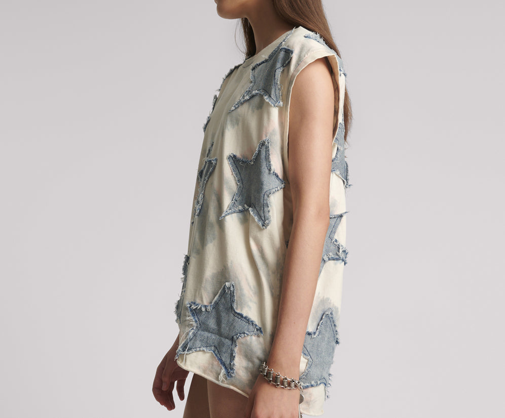 Denim Star Tie Dye Oversized Tank Top - Ivory / Blue