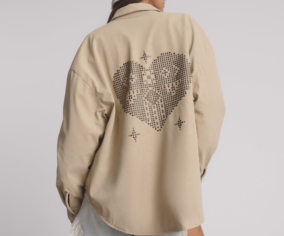 Studded Heart Faux Leather Daria Jacket - Stone