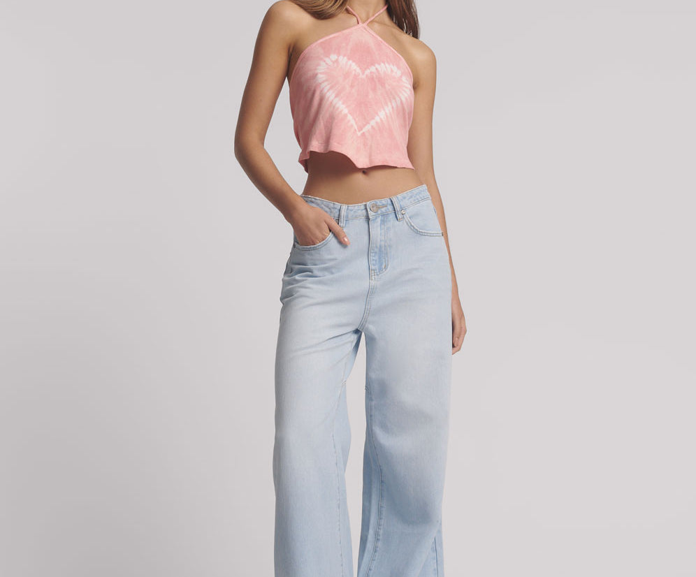 Tie Dye Heart Cropped Halter Neck Top - Pink