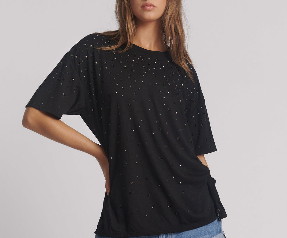 Studded Night Sky Linen Tee - Black