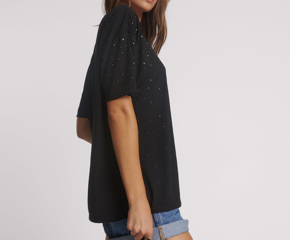 Studded Night Sky Linen Tee - Black