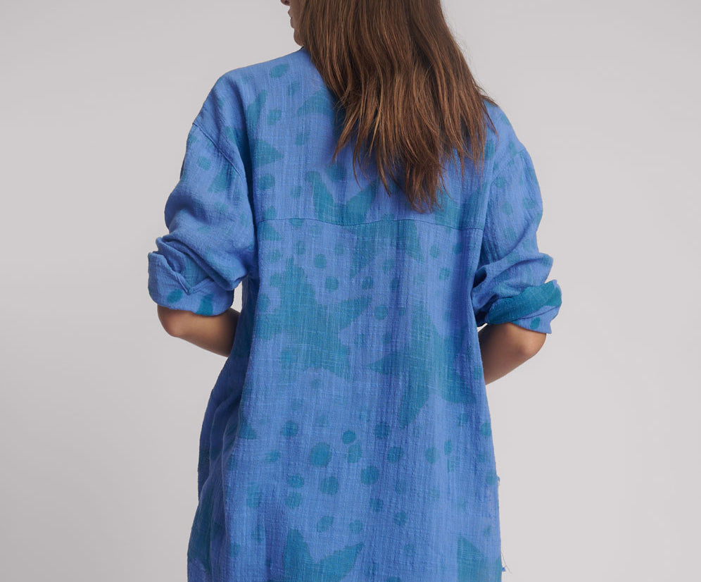 Polka Star Hand Print Muslin Longline Shirt - Blue