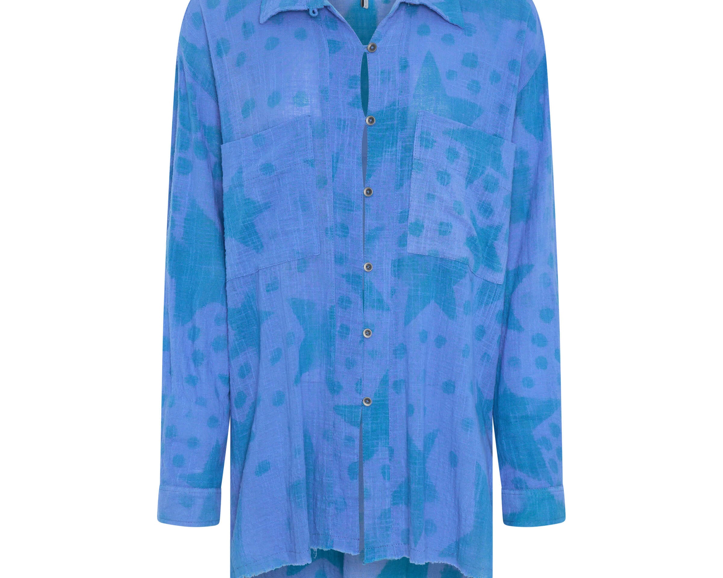 Polka Star Hand Print Muslin Longline Shirt - Blue