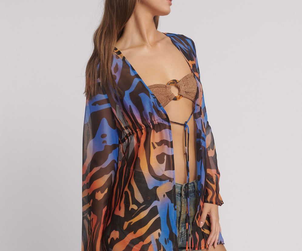 Tropical Chiffon Beach Cover Up Tie Top - Multi