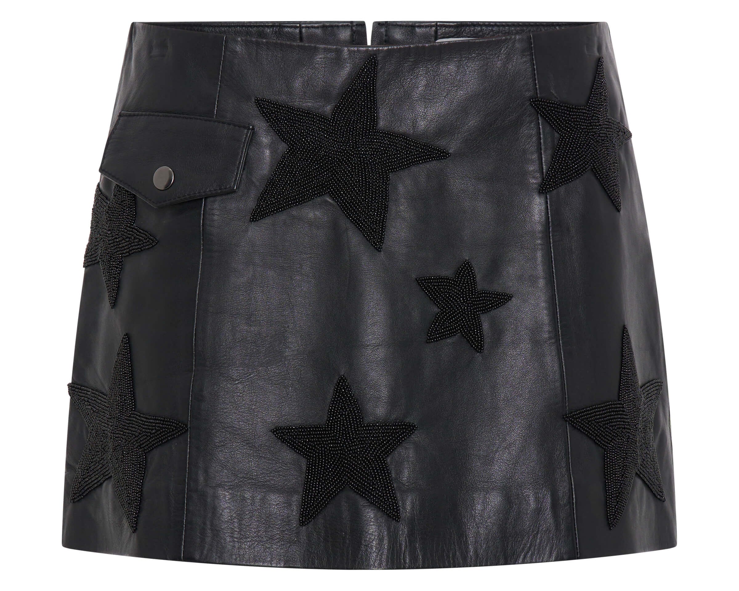 Embellished Star A-Line Leather Mini Skirt - Black